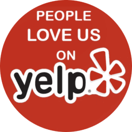 Red circle badge with "People love us on Yelp" and the Yelp logo in white and black.