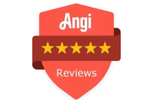 Red badge with “Angi” at top, five yellow stars, and “Reviews” at the bottom.