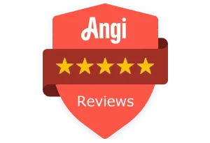 Red shield with "Angi Reviews" text and five gold stars on a brown ribbon across the center.