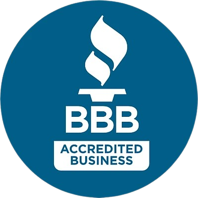 BBB Accredited Business logo with a torch icon on a blue circular background.