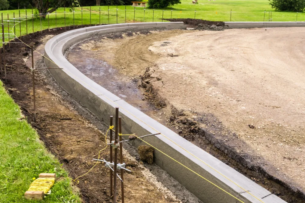 Curved concrete curb under construction, surrounded by dirt and grass, with formwork and stakes visible.