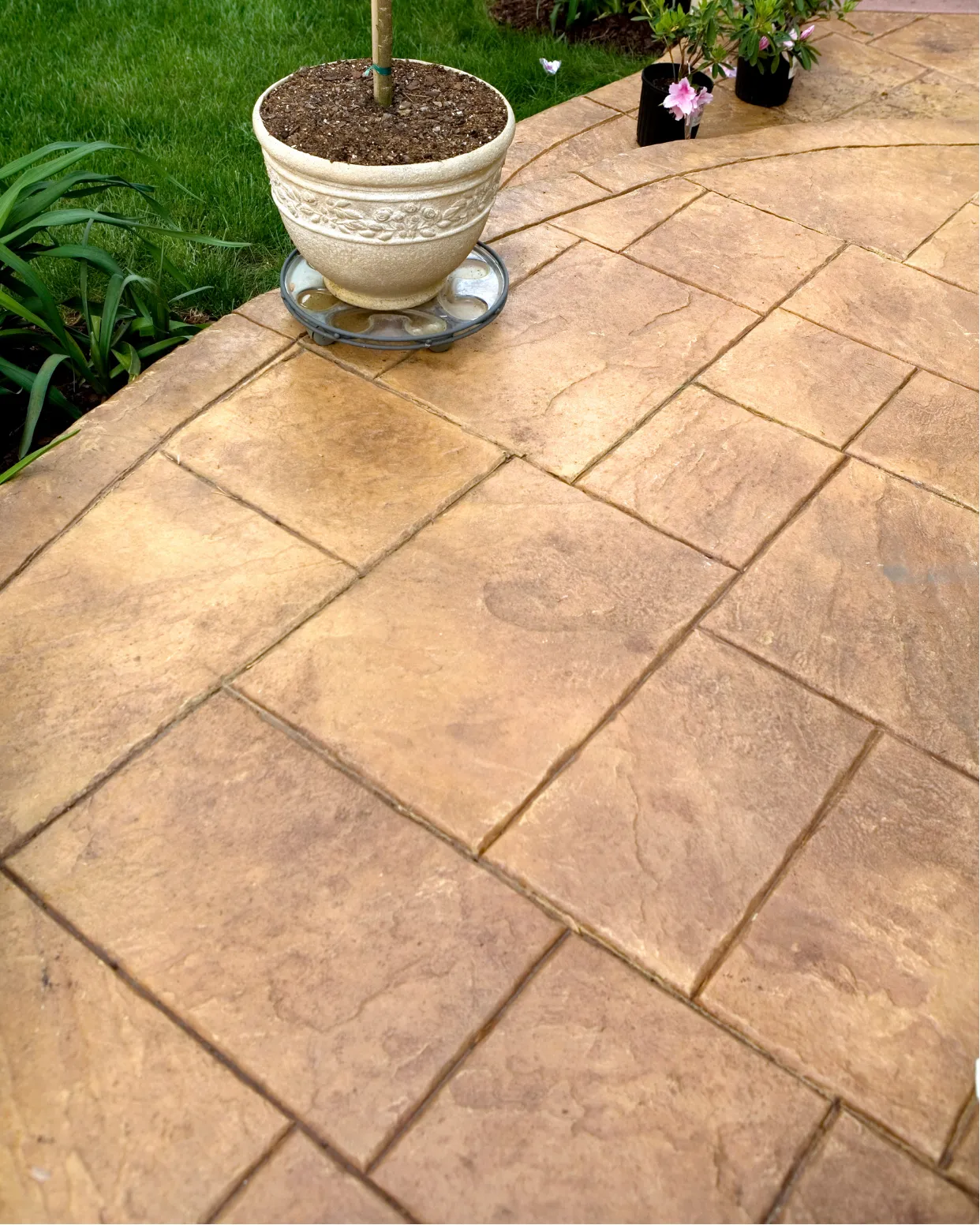Large tan stamped concrete patio, potted plant on a stand, green grass, and blooming flowers nearby.