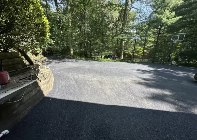 Freshly paved driveway surrounded by trees with a basketball hoop in the background on the right.