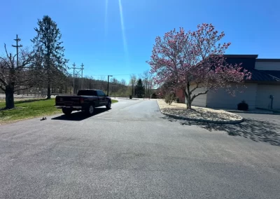 A pickup truck is parked in a paved lot next to a building with a blooming magnolia tree under a bright blue sky.