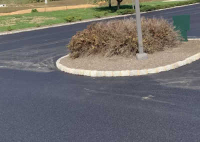Freshly paved parking lot with a small landscaped island, bush, and a light pole in the center.