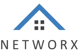 A blue roof shape over four black squares and the word “NETWORX” in gray below.