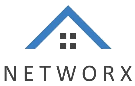 Blue roof outline over four black squares, resembling a house, above the word "NETWORX" in gray letters.