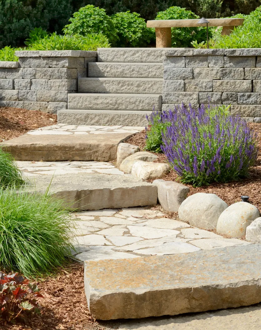 Stone path and steps in a landscaped garden with green plants, lavender flowers, and a stone bench.