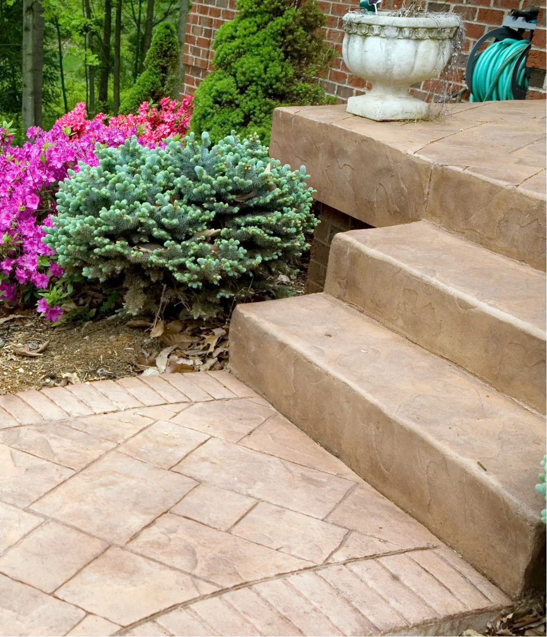 Concrete steps and patio with blooming pink flowers, green shrubs, and a white planter near a brick wall.