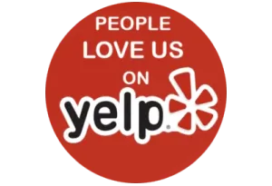Red circle with text: “People love us on Yelp” and the Yelp logo with a red starburst.